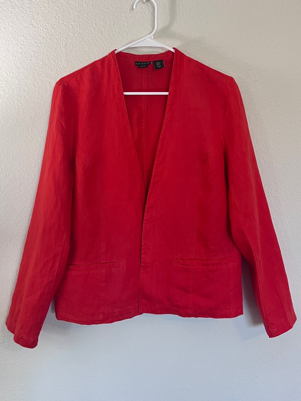 Tahari Red Orange Open-Front Women's Blazer Jacket, 100% Linen, Size M